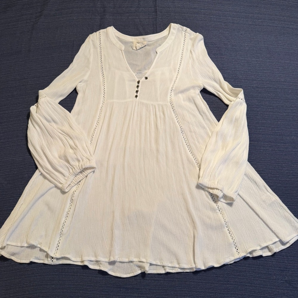 PPLA Hawthorn White Rayon Boho Tunic Top Bell Sleeve Crochet Lace Medium D151018